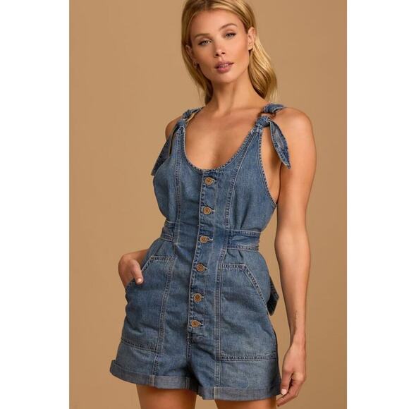 Free People Memphis Denim Button-Front Shortalls Size Small - Picture 2 of 7